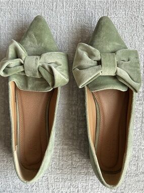 ASOS Sage Green Pointed Bow Velvet Loafer Flats
